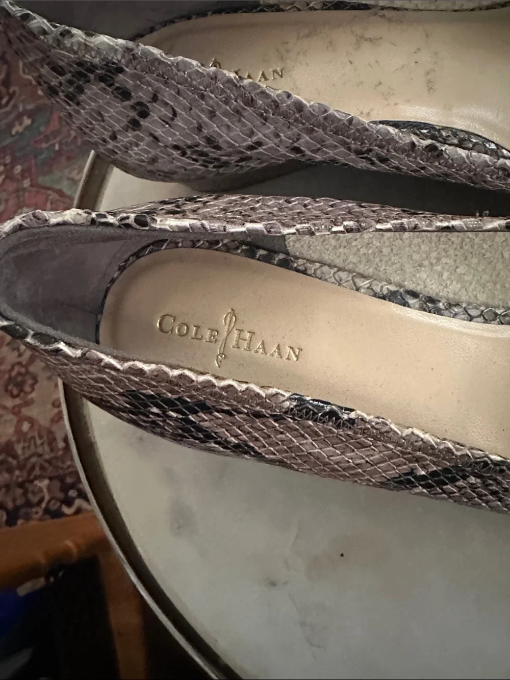 Cole Haan Taupe and Black Python-Print Peep-Toe Wedge Pumps